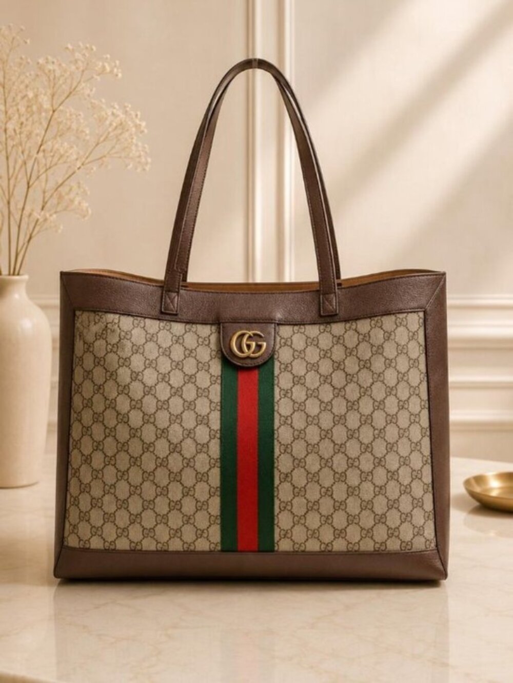 Authentic Gucci Ophidia GG Supreme Canvas Large Tote Bag Web Stripe Shoulder Bag